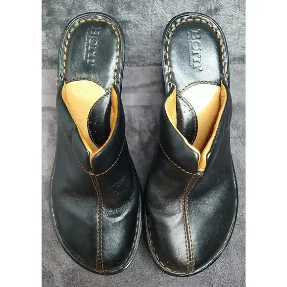 BORN Women's 6 Black Leather Slip-on Comfort Heeled Mule Clog Shoes - Picture 2 of 9